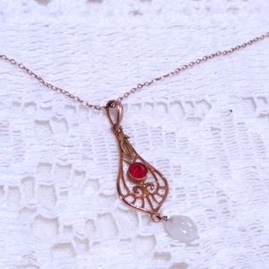 Antique Art Nouveau 10K Ruby Filigree Necklace Pendant Vintage Scrollwork